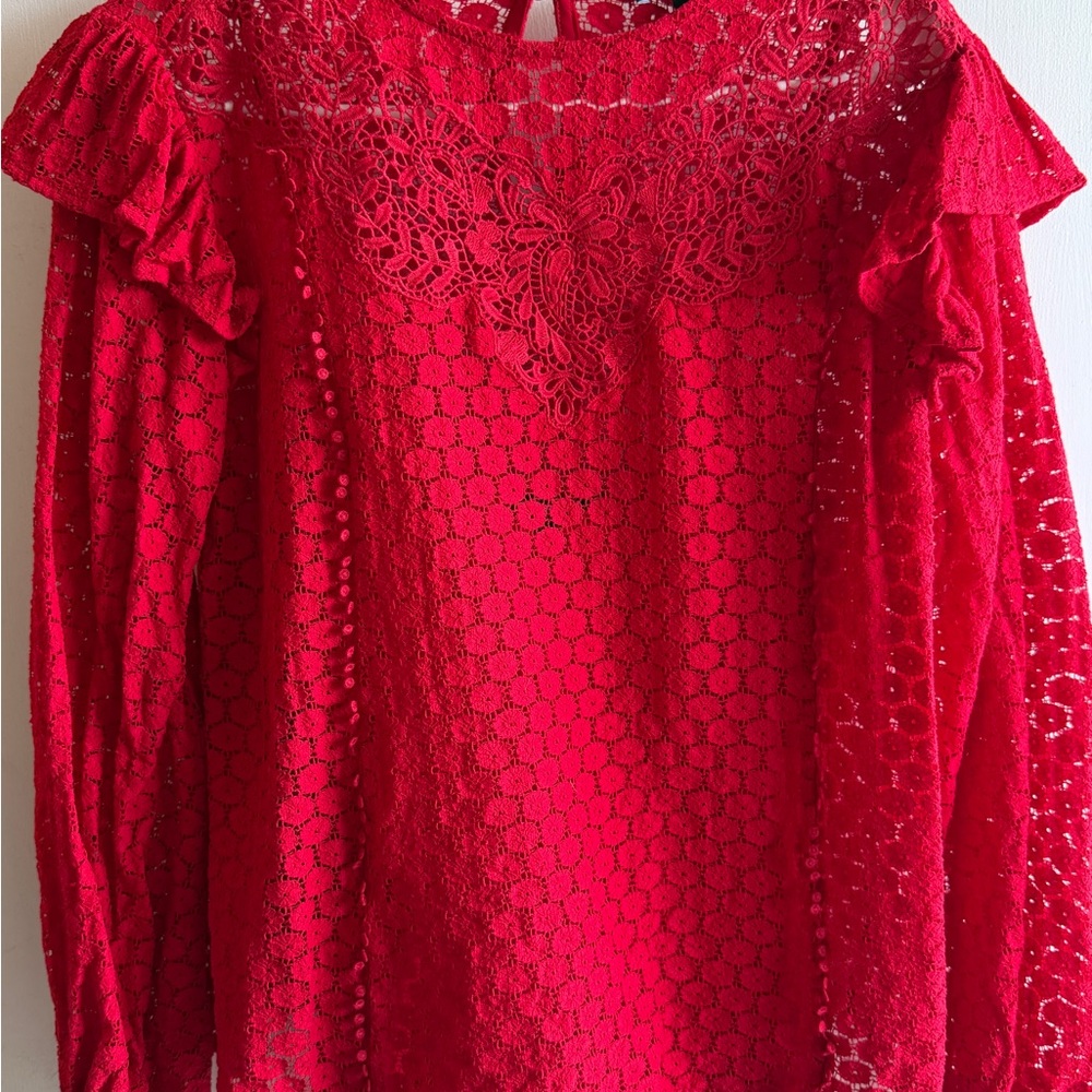Express Red Crochet Lace Ruffle-Sleeve Blouse